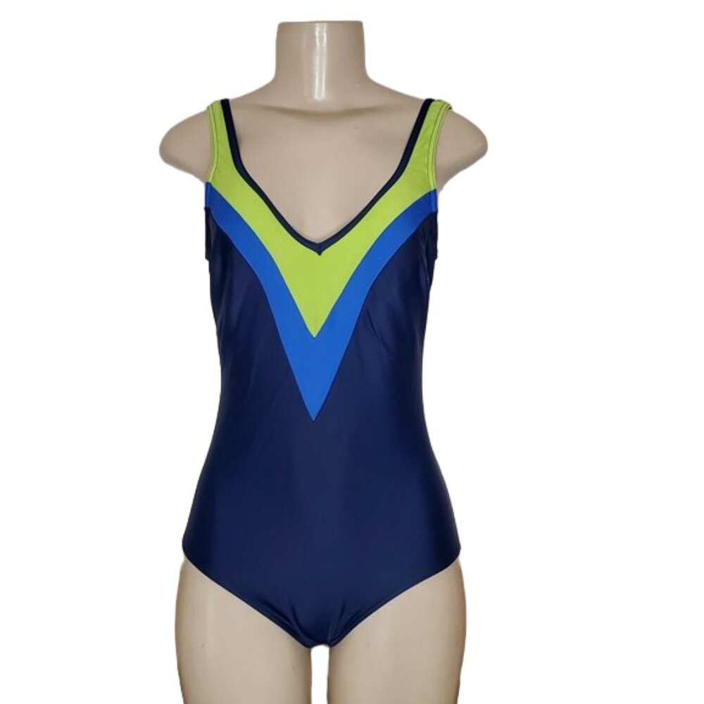 Costa del SOL Blue Lime Green & Bright Blue Chevron V-Neck One Piece Swimsuit